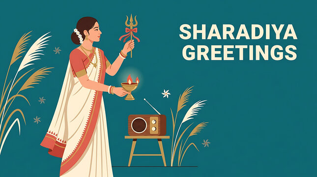 Bengali woman holding ceremonial lamp and trident beside vintage radio during durga puja festival with traditional decor and navratri cultural celebration illustration