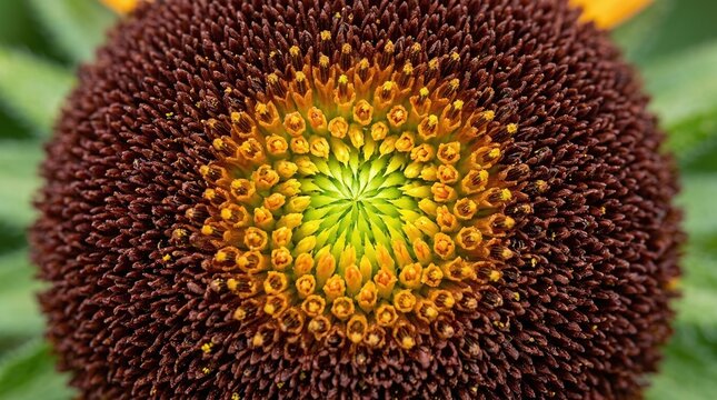 Close up of a sunflower center showcasing intricate patterns and vibrant color gradients