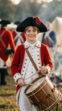 Young boy dressed in a historical american revolutionary war soldier uniform playing a traditional wooden drum during an outdoor historical reenactment event in the park
