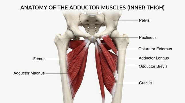 Anatomy diagram of the human inner thigh adductor muscles illustration