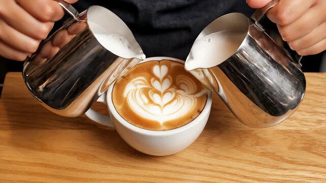 Top-down view of barista creating intricate heart latte art with two pitchers