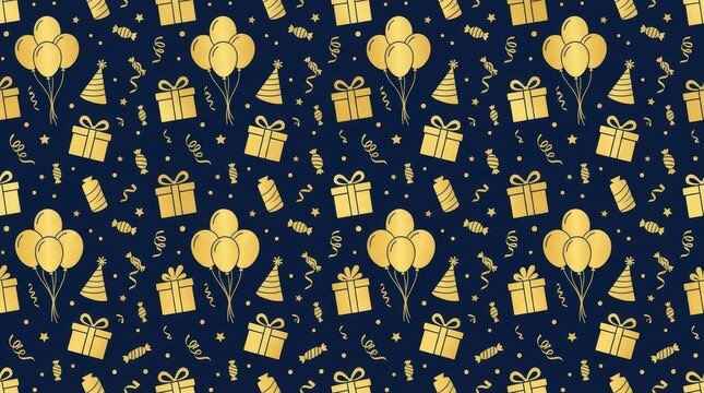 Seamless pattern with yellow birthday balloons and gift boxes on a dark blue background for celebration and party wrapping paper design