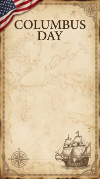 Columbus day greeting card template with old vintage map background american flag ship and compass design for holiday celebration and historical event invitation poster