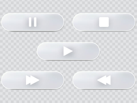 Set of glassmorphism style media player control buttons with icons
