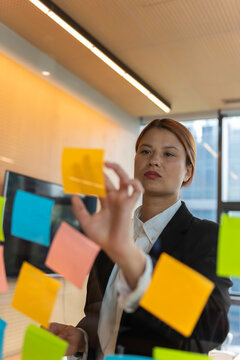 Business, people, idea, startup and education concept Sticky note on glass wall.