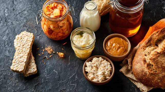 A dark flat lay displays various fermented foods including kimchi, kefir, and sourdough. The scene has warm amber light and ample copy space.
