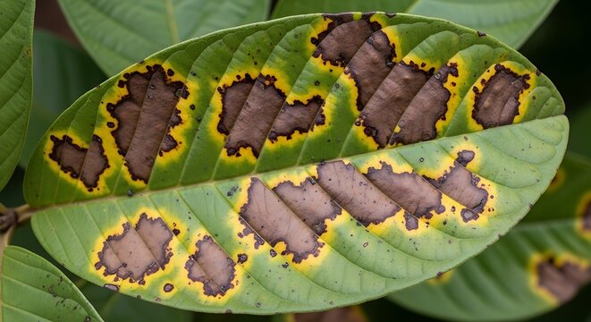 Close up of a guava leaf showing signs of fungal disease and leaf spot infection