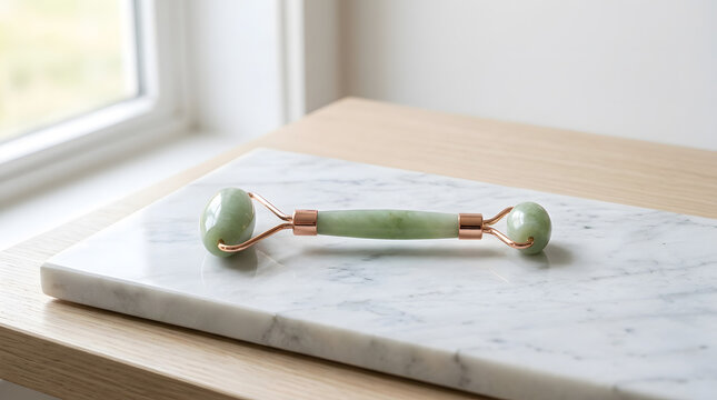 Facial Roller on Marble Slab, Wellness and Beauty Concept, Skincare Routine, Self-Care Ritual, Jade Roller for Face Massage.