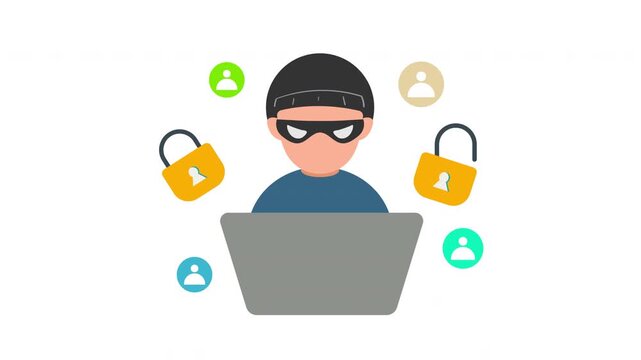 Cybersecurity concept with masked hacker using laptop, surrounded by digital user icons and padlocks