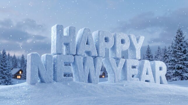 Icy lettering spells Happy New Year in a winter landscape setting