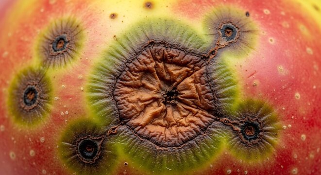 Extreme close up of a rotting apple skin showing fungal decay and texture