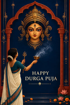 Traditional devotional illustration of goddess durga and woman offering incense for durga puja and navratri festival with ornate indian temple arch design