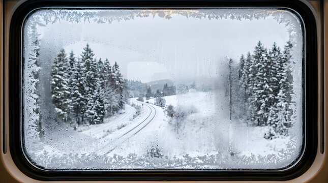 Train Window Framing Snowy Landscape, Winter Travel Concept, Journey Through Frosted Scenery, Transportation Design, Scenic View.