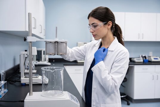 A female scientist in a laboratory setting conducts an experiment with precision and focus, wearing protective gear.