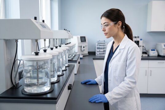 A focused scientist observes samples in a modern laboratory, showcasing professional research and attention to detail.