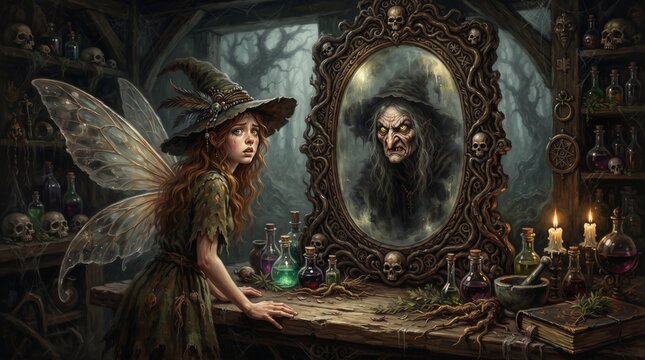 A young winged fairy is startled to see the reflection of a hideous old witch in the mirror; the table is cluttered with potion bottles, candles, and spellbooks. A fantasy tale.