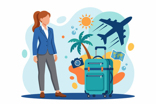 Businesswoman with Travel Icons Illustrating Employee Vacation Benefits