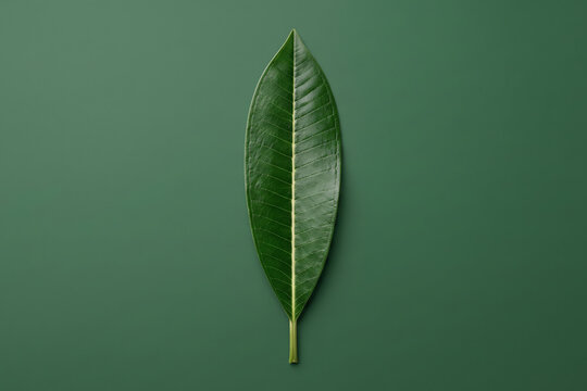 Dark green glossy bay laurel leaf isolated on a matching dark green background