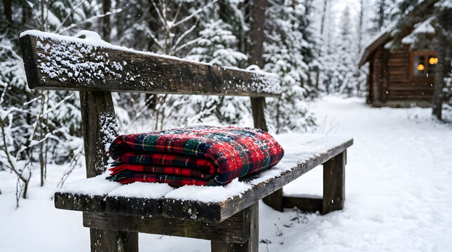 Wooden Bench in Snowy Forest with Cozy Plaid Blanket, Winter Relaxation Scene, Peaceful Outdoor Retreat, Inviting Warmth and Comfort.