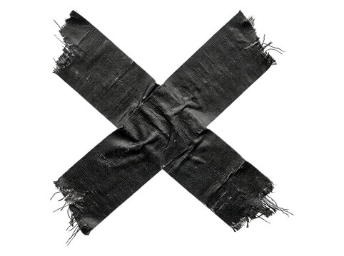 Black frayed duct tape cross shape isolated on transparent background cutout