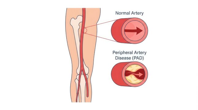 Comparison of healthy artery versus diseased peripheral artery in leg diagram with Diagram contrasts normal artery one affected peripheral artery disease leg cross section
