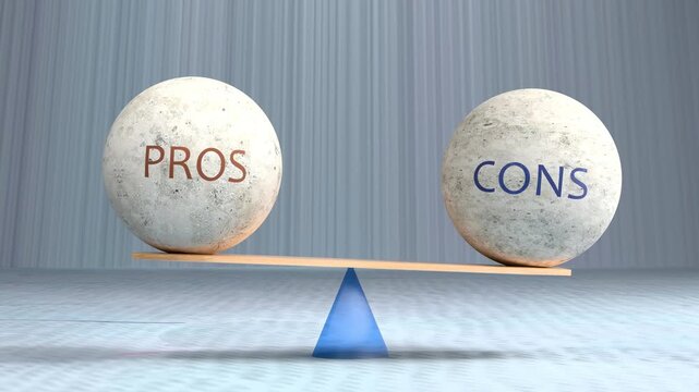 Pros and cons in balance - balancing stones on a scale symbolizing pros and cons in desired harmony. Beneficial equilibrium between pros and cons. Harmonious and beneficial situation.