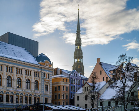 Picturesque View of Riga Old Town with St. Peter Church Spire, Latvia