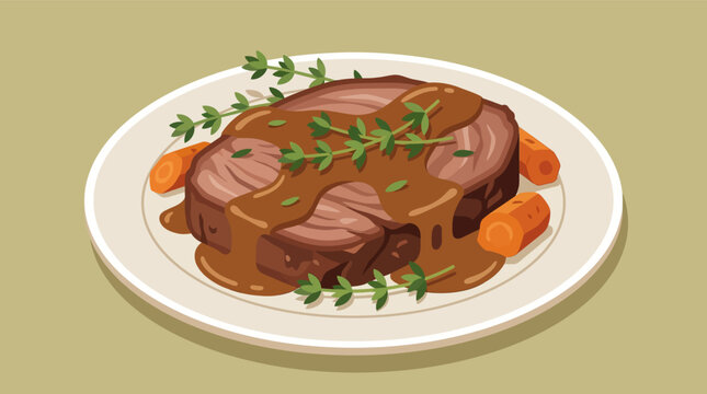 Detailed vector illustration of a savory beef pot roast served on a white plate, topped with rich brown gravy and fresh green herb garnishes, accompanied by sliced cooked carrots.