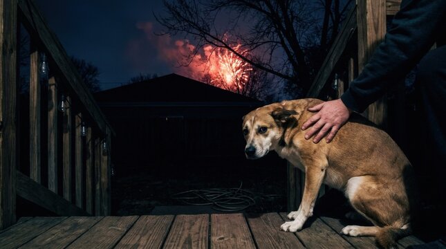 New Year 2027 Dog Flinches at Fireworks While Owner Comforts It