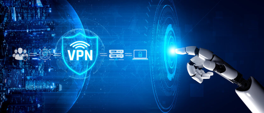 Futuristic Digital Security Concept with Artificial Intelligence, VPN Protection, and Network Connections Represented by a Robotic Hand in a Cyber Environment Sigmoid