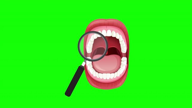 Dental examination concept showing an open mouth, teeth and magnifying glass for oral health inspection