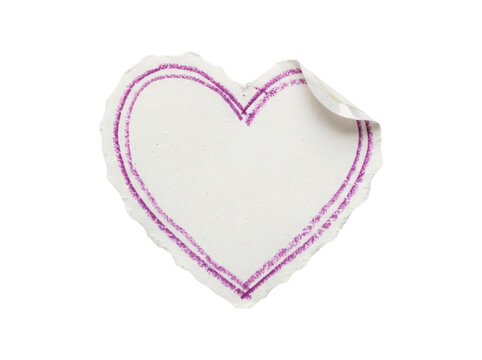Heart shaped textured paper with purple border and curled corner isolated on transparent