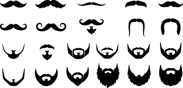 Vintage Beard and Mustache Silhouette Vector Set with Diverse Barber Shop Facial Hair Styles Goatees and Hipster Grooming Icons for Men Fashion Designs