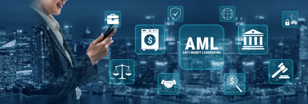 Woman Using Smartphone with Anti Money Laundering Concept in Modern Cityscape Featuring Finance and Law Icons. Glyphic.