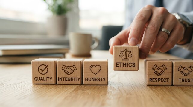 Hand placing ethics block among wooden value pieces on wooden table in office setting with value oriented blocks arranges wooden labeled ethics