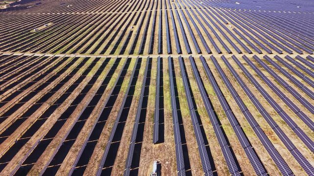 Rows of solar panels cover a large area of land under a clear sky. The solar farm is located in an open space, showcasing the use of renewable energy.