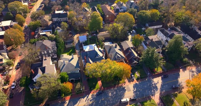 Macon, Georgia panoramic cityscape in colorful fall season. Old historical homes architecture in Southern USA.