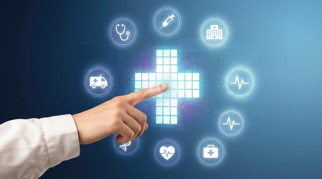 Healthcare professional selecting digital medical icon on futuristic touch interface with medical symbols with surrounded healthcare icons glowing medical cross