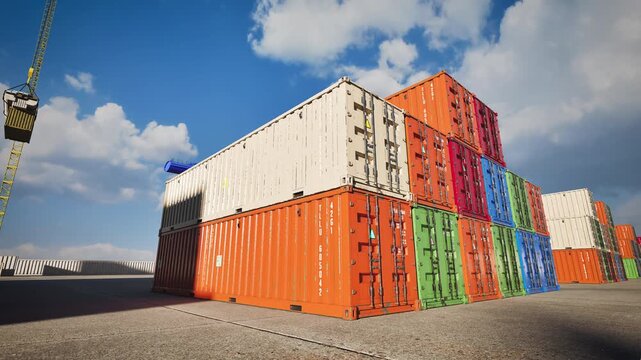 wide eye level view of colorful intermodal shipping logistics containers. Cargo storage yard concept. 3d animation.