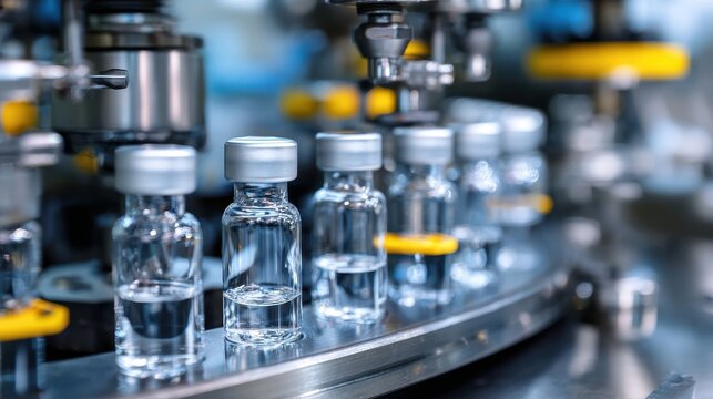 Medical vials on production line at pharmaceutical factory, Pharmaceutical machine working pharmaceutical glass bottles production line, health care, pandemic