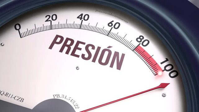 Presi&oacute;n - medidor con la aguja en el m&aacute;ximo: la tensi&oacute;n se acumula y el nivel de presi&oacute;n supera el l&iacute;mite. Demasiada presi&oacute;n.