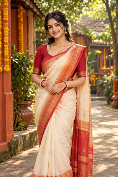 Elegant bengali woman wearing traditional white red saree during durga puja and navratri celebration in decorated village courtyard with festive marigolds sunlight
