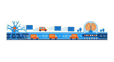 Obraz premium Neural network data flow illustration with neuron and brain digital highway