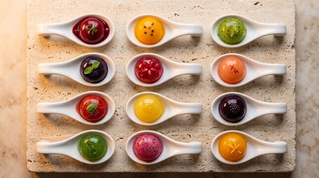 Molecular gastronomy appetizers on ceramic spoons, colorful fruit spheres for fine dining, gourmet catering hors d'oeuvres on stone platter