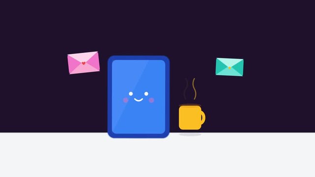 Cute animated tablet character with floating mail icons and coffee cup