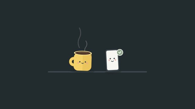Animated kawaii coffee mug and smartphone with notification checkmark icon