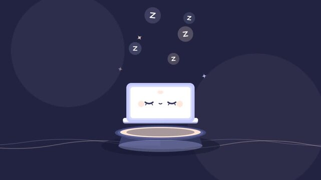 Cute cartoon laptop sleeping with floating Zzz bubbles in standby mode on a dark blue background