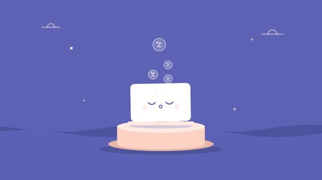 Cute animated laptop character sleeping on a pedestal with Z bubbles rising