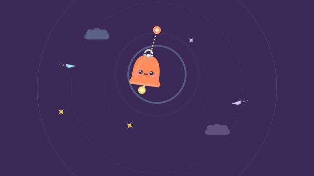 Cute kawaii orange notification bell character swinging in flat animation