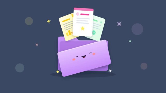 Animated cartoon folder managing digital documents for data organization.